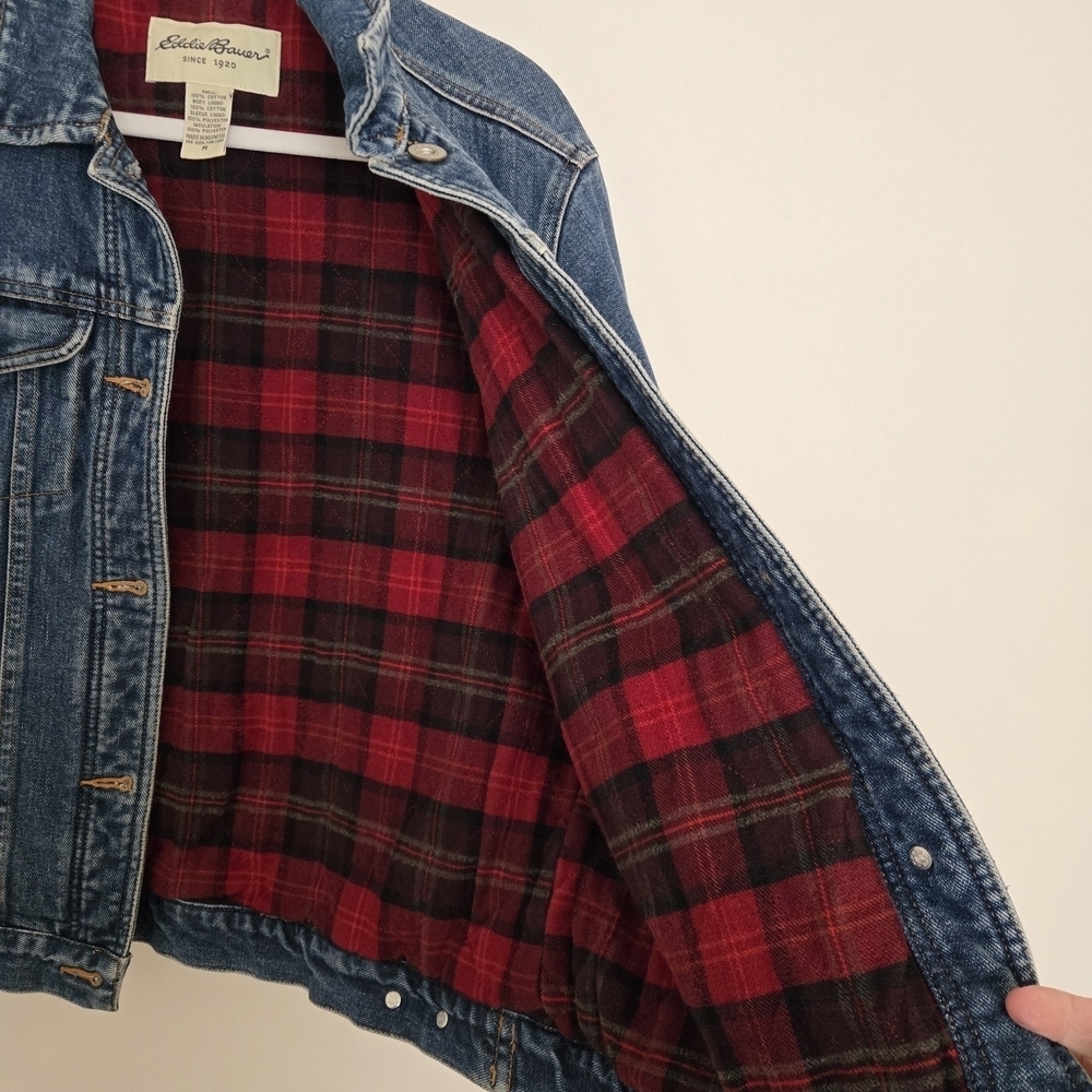 Eddie Bauer Denim Trucker Jacket with Red Plaid Flannel Lining Women's Medium - Picture 4 of 8